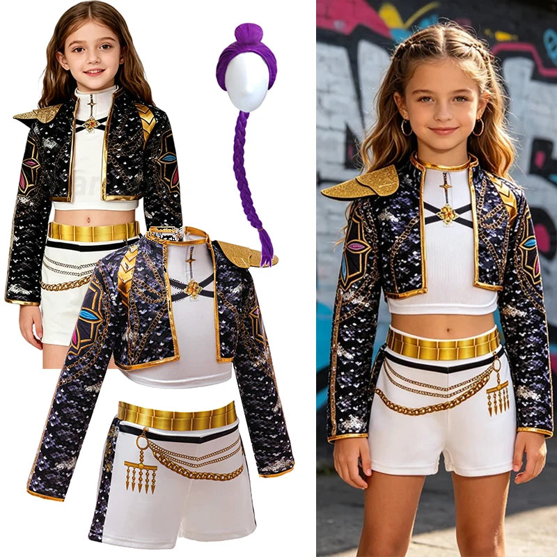 Girls Black & Gold Printed Jacket & Shorts Set – Stage & Party Costume, Heights 110–160 cm