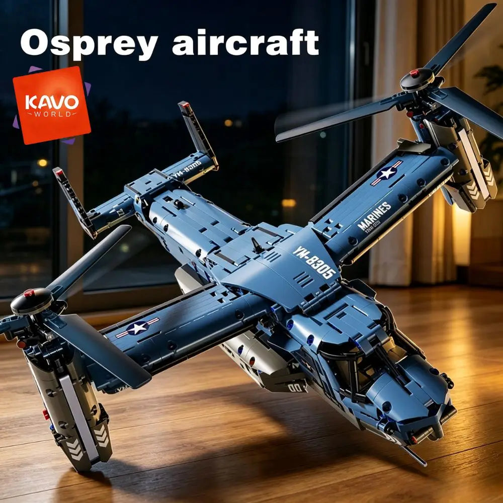 KAVOWORLD 1486PCS V-22 Osprey Tiltrotor Aircraft Building Blocks Set Simulation Military Helicopter Model Kit Collectible Airplane Bricks Construction Set, 360° Rotating Propellers Sliding Cockpit Movable Landing Gear Military Fans Christmas Birthday Gift