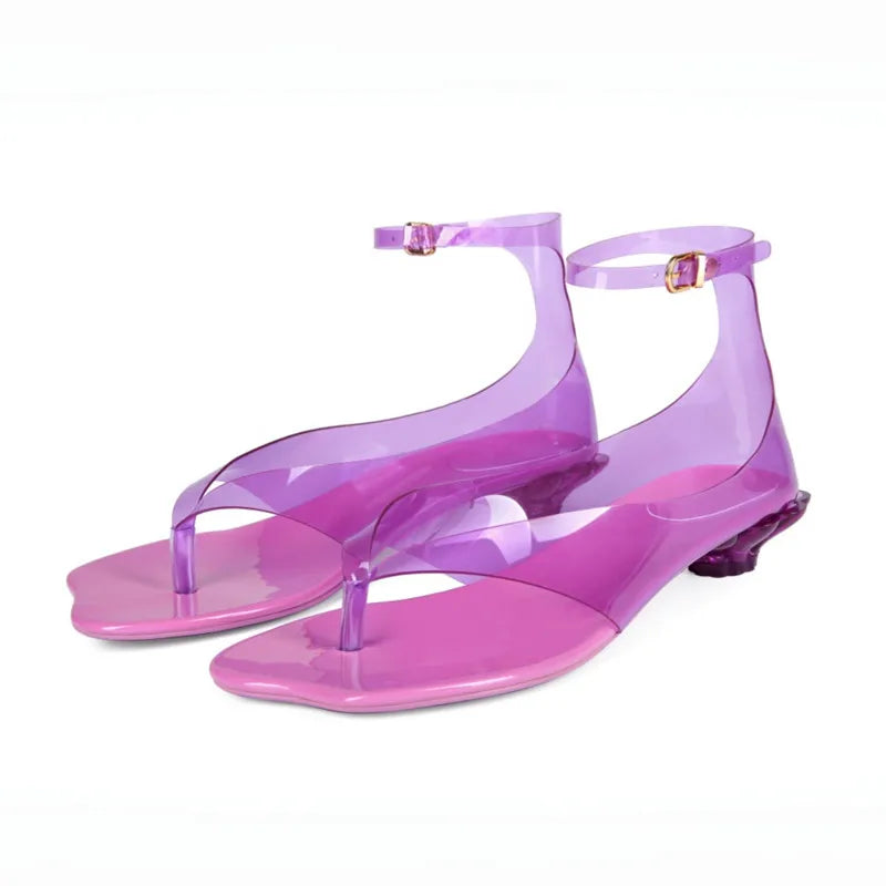 Purple Clear PVC Jelly Thong Sandals Women Ankle Buckle Strap Floral Low Kitten Heels Summer Beach Club Party Flip Flop Shoes