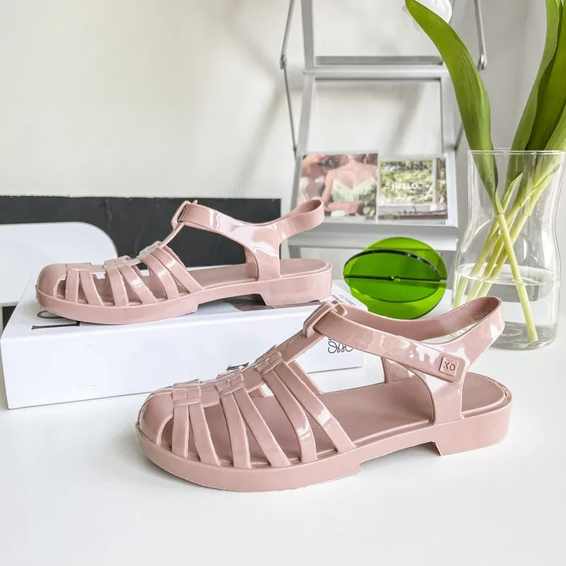 Summer Baotou Roman Women's Sandals Vintage Flat Heel Transparent Crystal Beach Shoes Flat Bottom Plastic Jelly Shoes SHW147