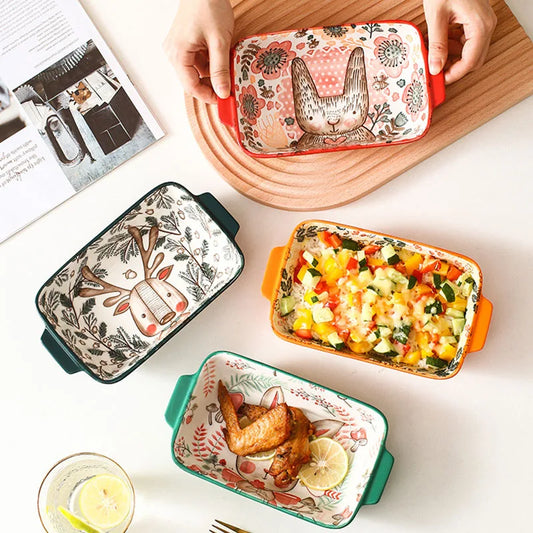 YWDL Ceramic Bakeware With Handle Forest Animals Baking Pan  Underglaze  Kitchen Tableware Salad Bowl Au Gratin Dishes