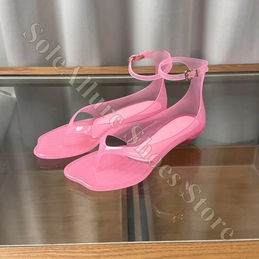 Glitter Jelly Sandals With Ankle Buckle Low Block Heel Thong Style Non Slip For Beach Trips And Summer Events