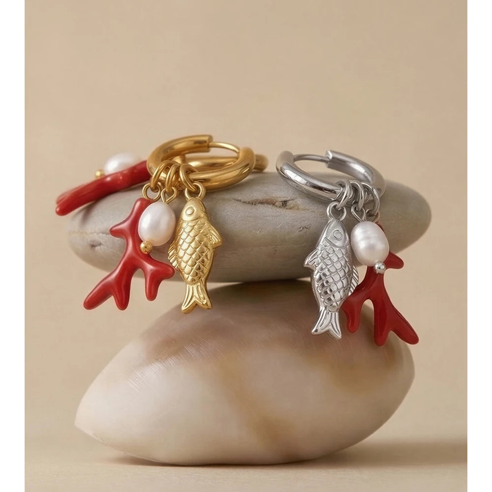 Yhpup Ocean Style Stainless Steel Natural Pearl Fish Drop Charm Earrings Summer Handmade Arrivals Ear 2026 Jewelry PVD Plated