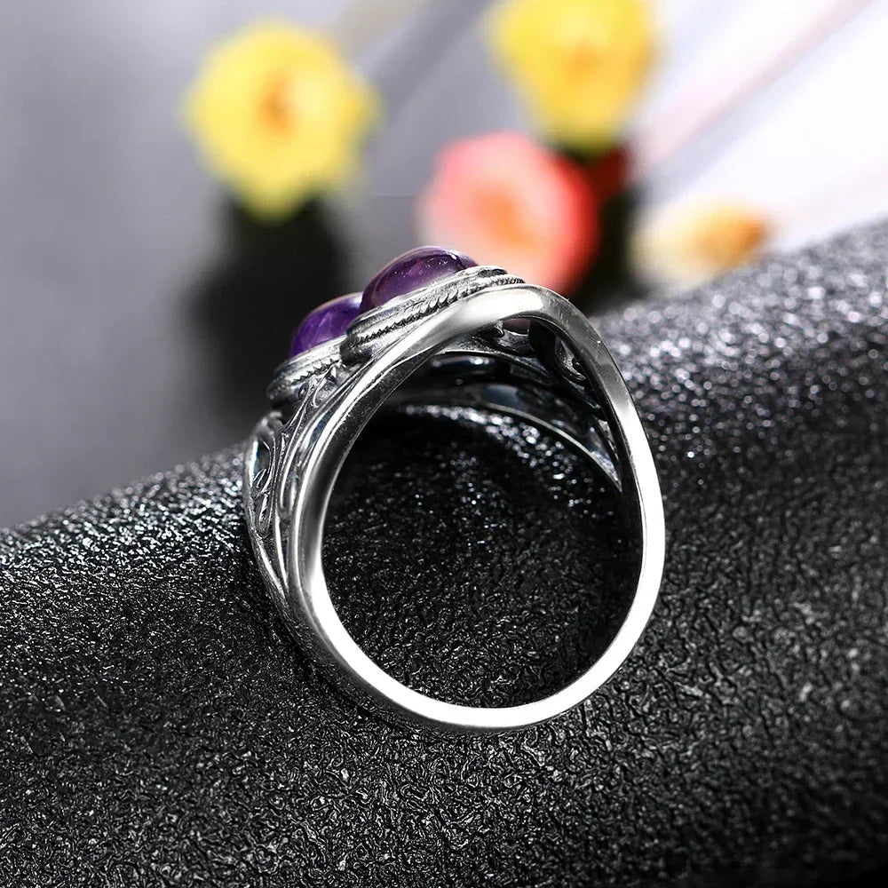 S925 Sterling Silver Vintage Ring With Natural Amethyst Two Stone Ring Waterdrop Shape Fine Jewelry Gifts for Women