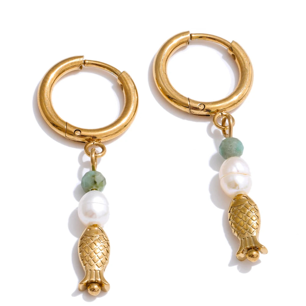 Yhpup High Quality Natural Stone Pearl Fish Dangle Earrings 16K PVD Plated Stainless Steel Ocean Style Charm Jewelry Waterproof