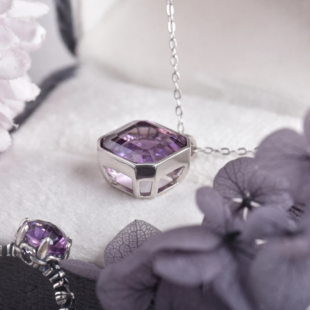 ITSMOS Amethyst Emerald Cut Pendant Necklaces s925 sterling silver Diamond Natural Crystal Necklace Vintage for Women Jewelry