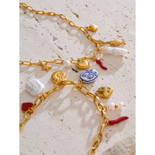 Yhpup Ocean Style Stainless Steel Pearl Shell Starfish Flower Chilli Drop Charm Necklace Golden Plated Handmade Holiday Jewelry