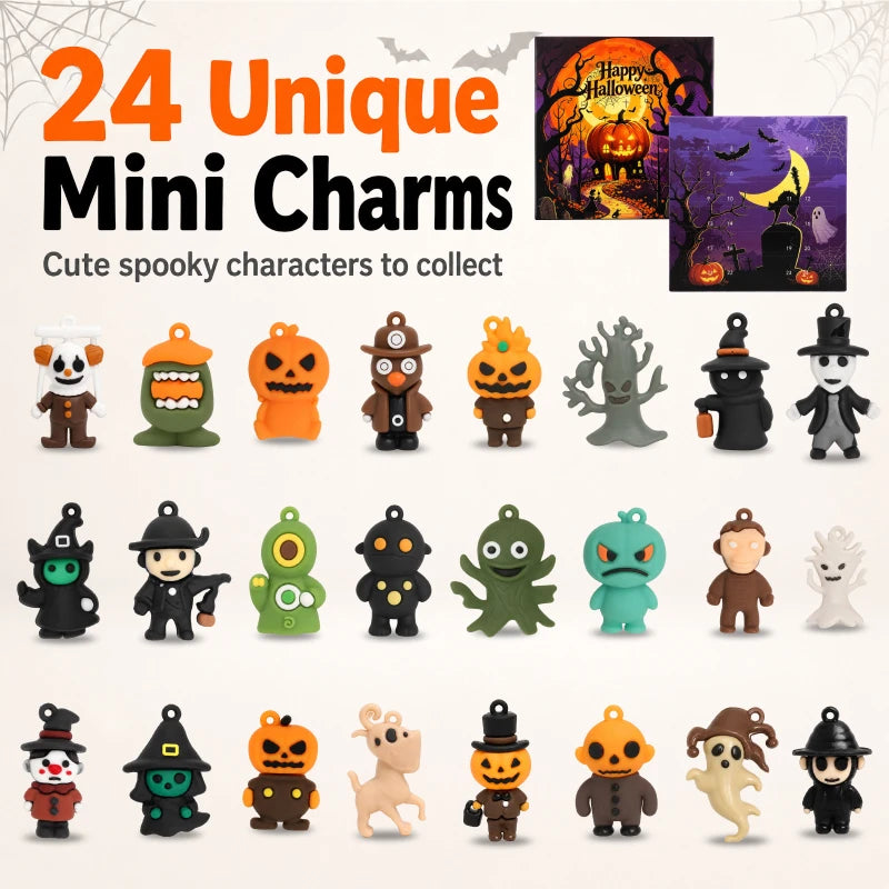 Halloween Advent Countdown Calendar Blind Box with 24 Mini Spooky Figurines Keychain Charms Surprise Kids Party Favors Gifts