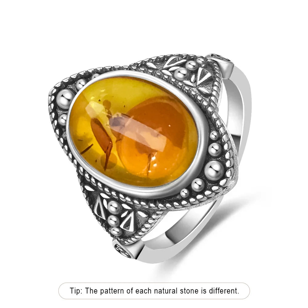 Certified Sterling Silver 925 Petal Amber Ring with Yellow Oval Natural Stone Ring Flower Jewelry Vintage Rings for Women Men