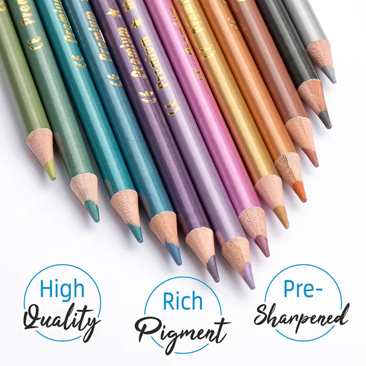 Metallic Colored Pencils – 12pc Set for Adult Coloring & Dark Paper