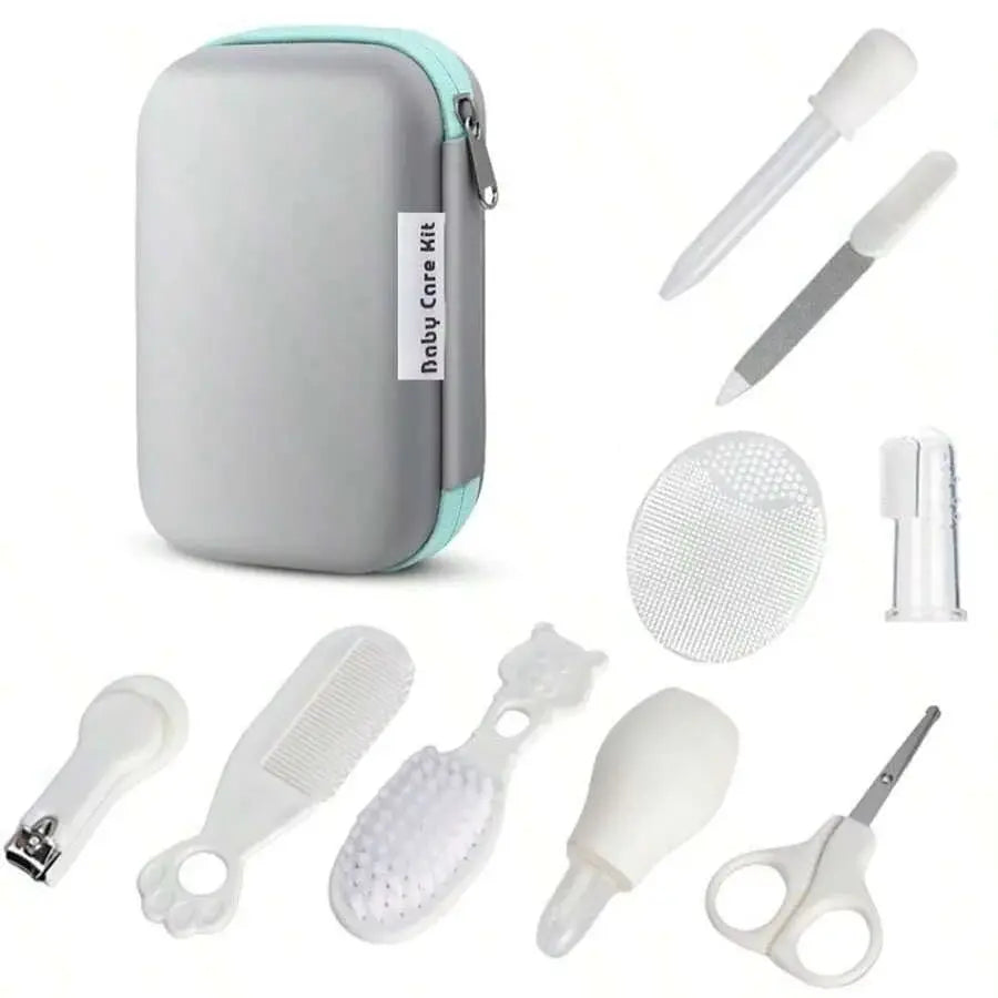 9pcs/pack Baby Grooming Kit with Travel Case, Safety Care Set with Feeding Dropper, Nose Cleaner, Nail Clippers, Comb, Brushes,
