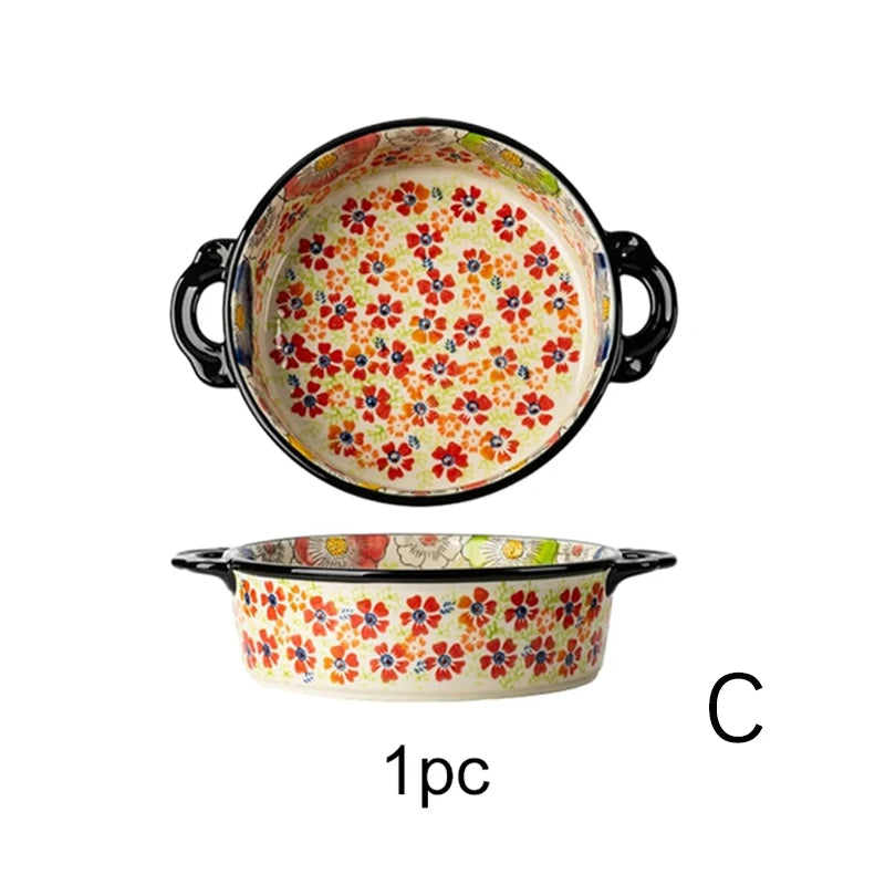 Polish Pottery Floral Baking Dish Set, Hand Painted Ceramic Bakeware with Handles, Oven Safe for Casserole & Fruit Serving