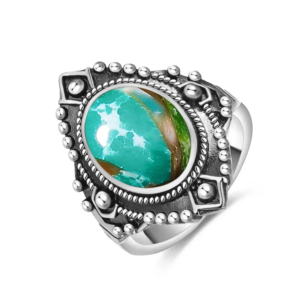 Vintage S925 Sterling Silver Ring with Oval Natural Emperor's Stone Flower Shape Hollow out Ring Fine Jewelry for Women