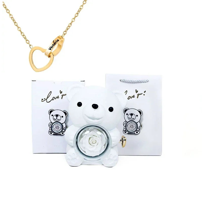 Mini Delicate Heart Engraved Necklace Lovely Bear Jewelry Boxes Valentine's Day Mother Day Birthday Gift Paper Bag Set