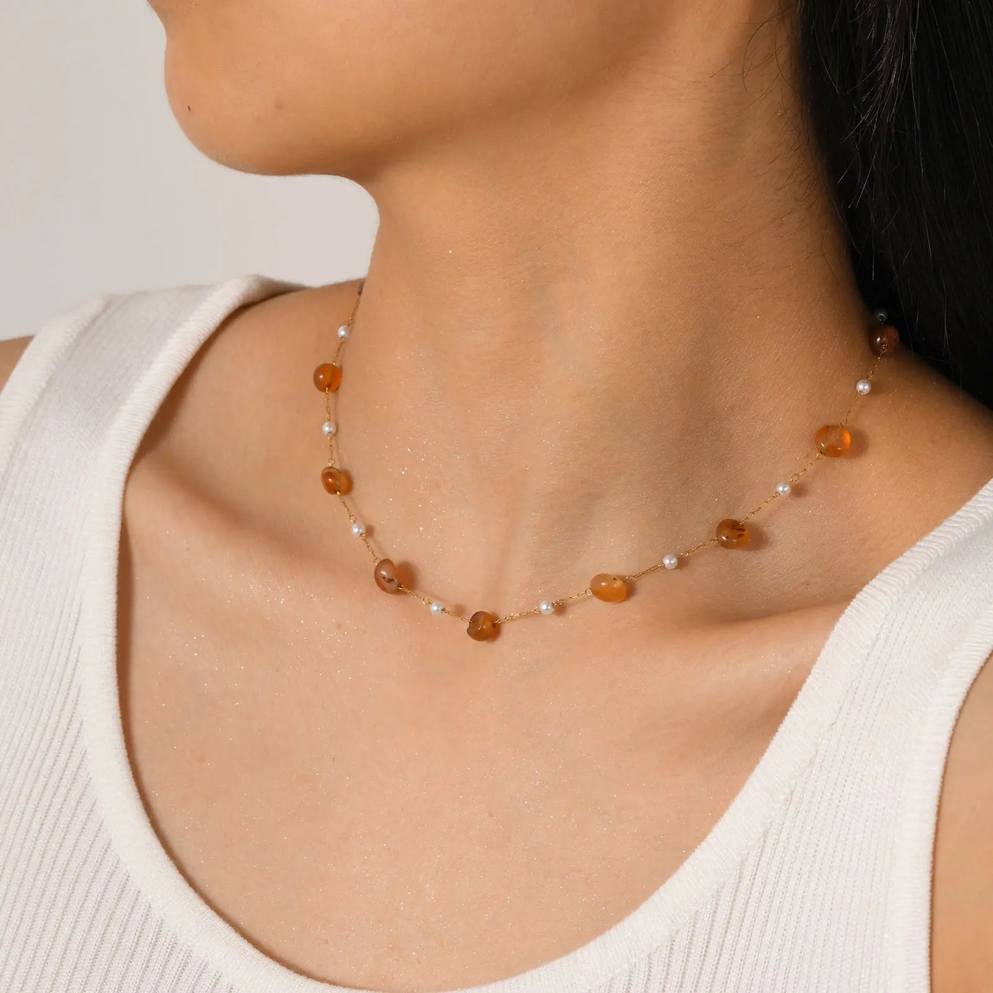 Boho Necklace Beach Irregular Natural Stone Necklaces for Women Stainless Steel Imitation Pearl Jade Necklace Jewelry Gift