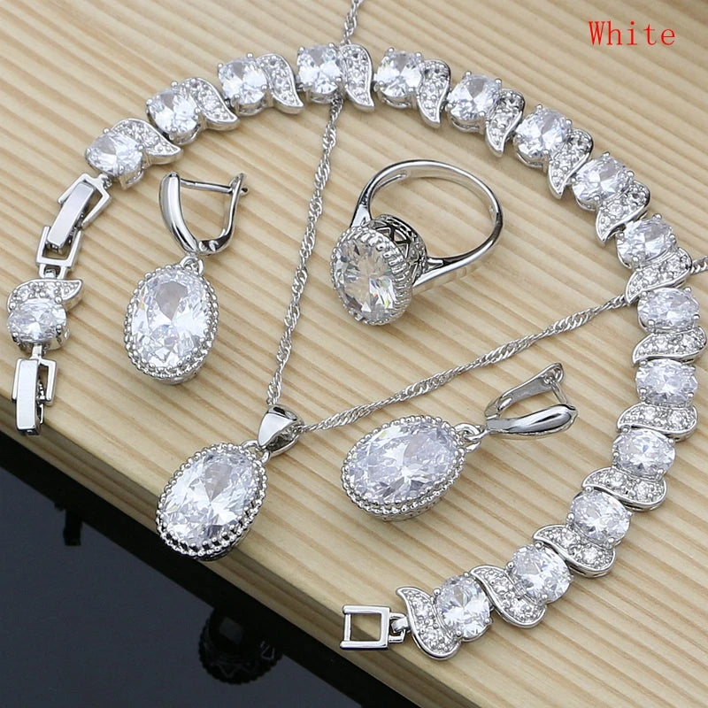 Natural 925 Silver Jewelry Red Birthstone Charm Jewelry Sets Women Earrings/Pendant/Necklace/Ring/Bracelets T055