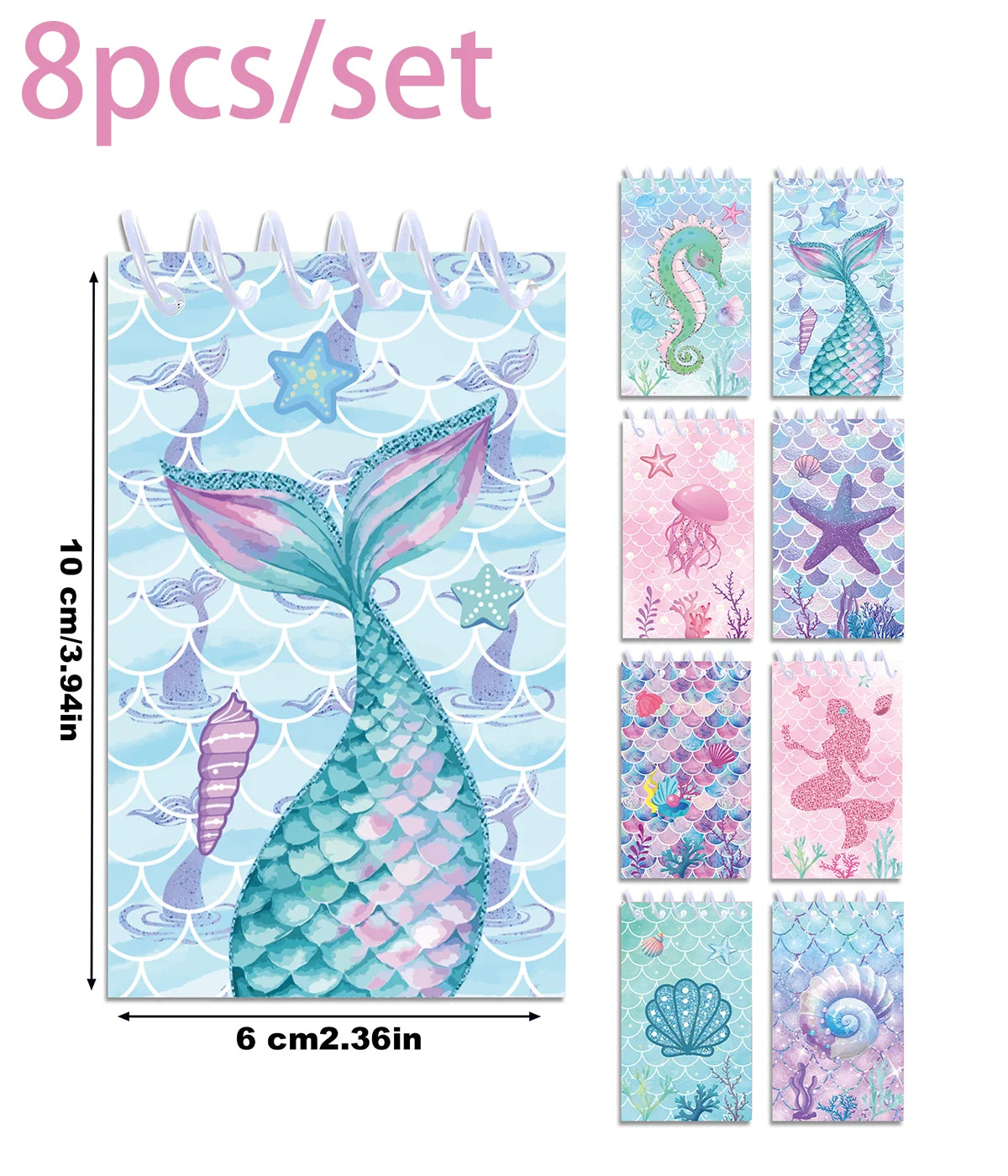 8pcs Mermaid Theme Mini Spiral Pocket Notebooks Memo Pad Coil Booklet Notepads For Office Stationery School Diaries Gifts