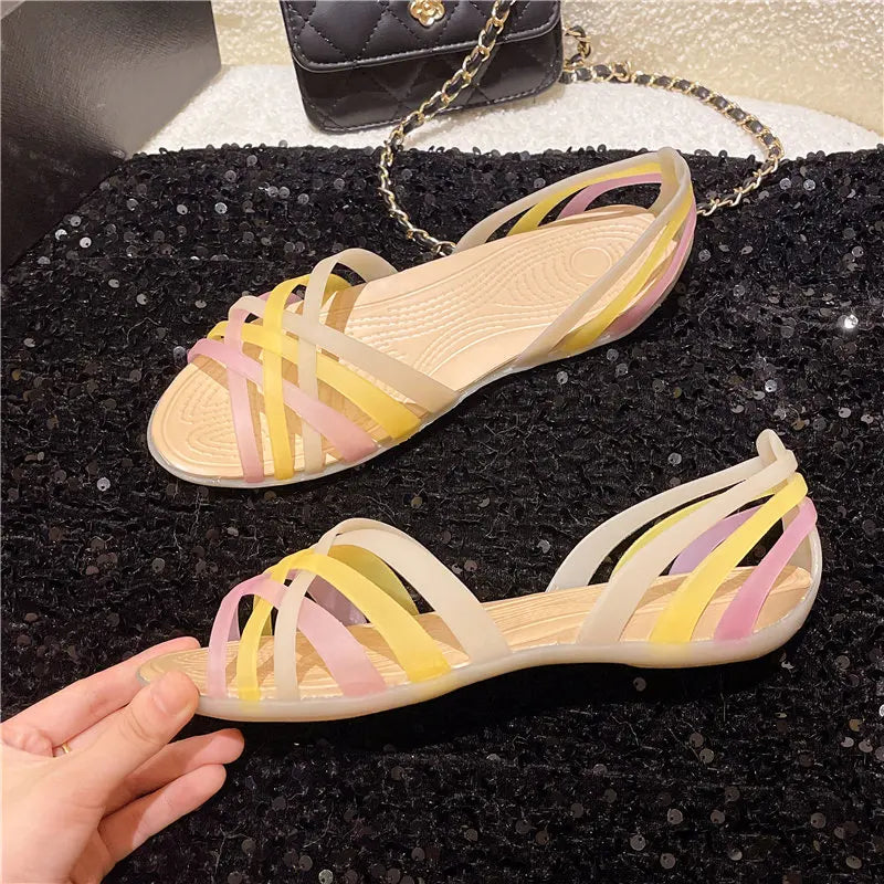 2026 New Women's Sandals Summer Beach Non-slip Flat Heel Soft Sole Crystal Jelly Sandals Fashion Comfortable Shoes for Girl