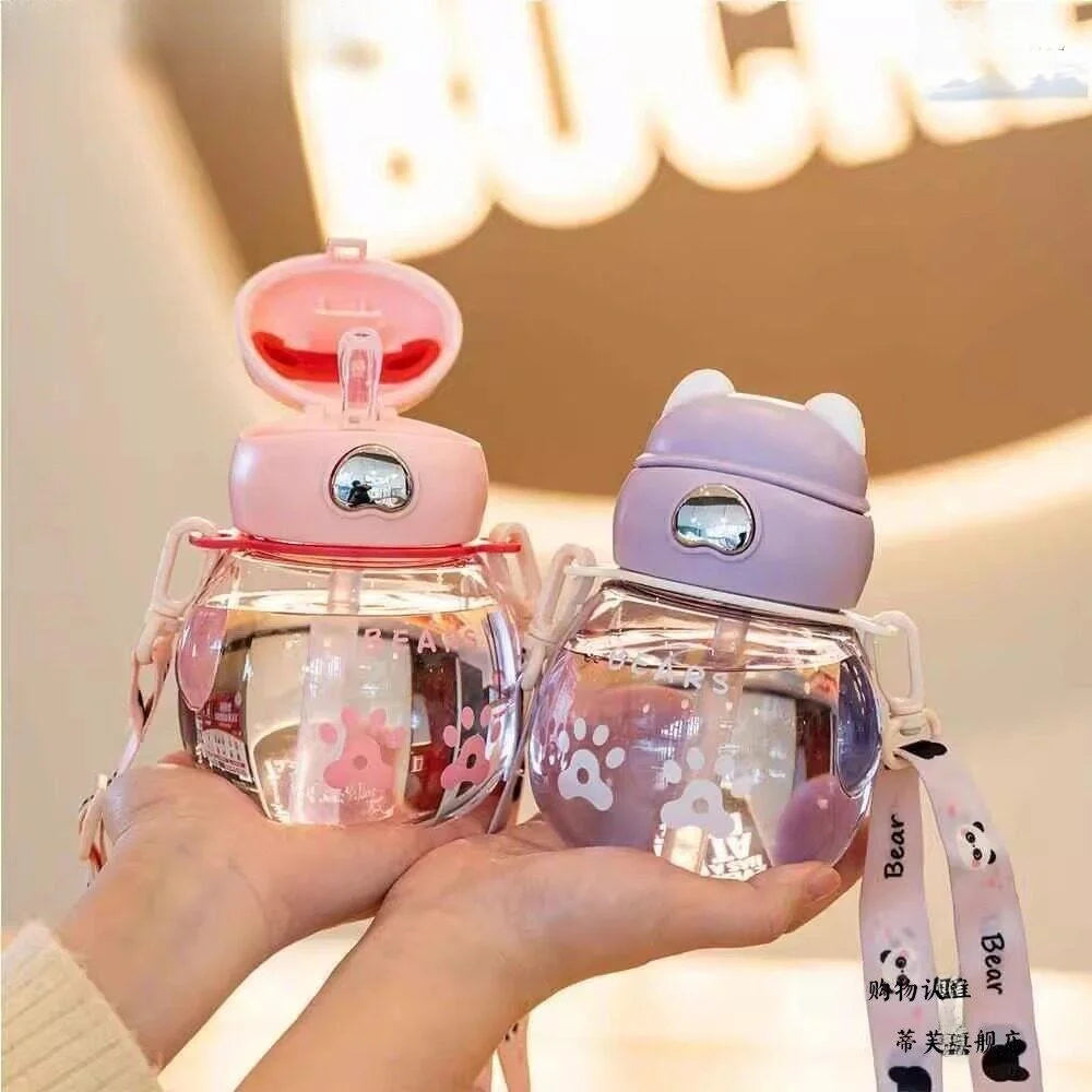 Children's Plastic Straw Cup Portable Sling Cup Boys Girls Elementary School Summer Water Bottle Cute Small Cute Stool Cup