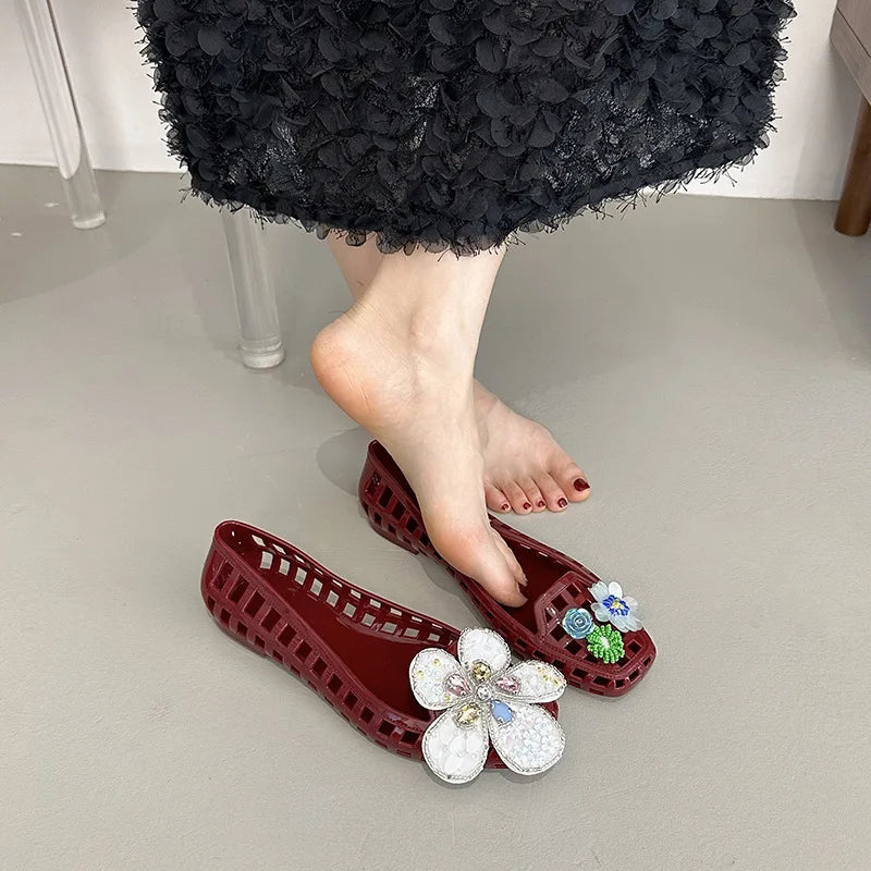 Transparent Crystal Jelly Sandals Hollow Out Slippers Korean Style Flat Shoes Women's Square Toe Shallow Slip on Ballet Loafers