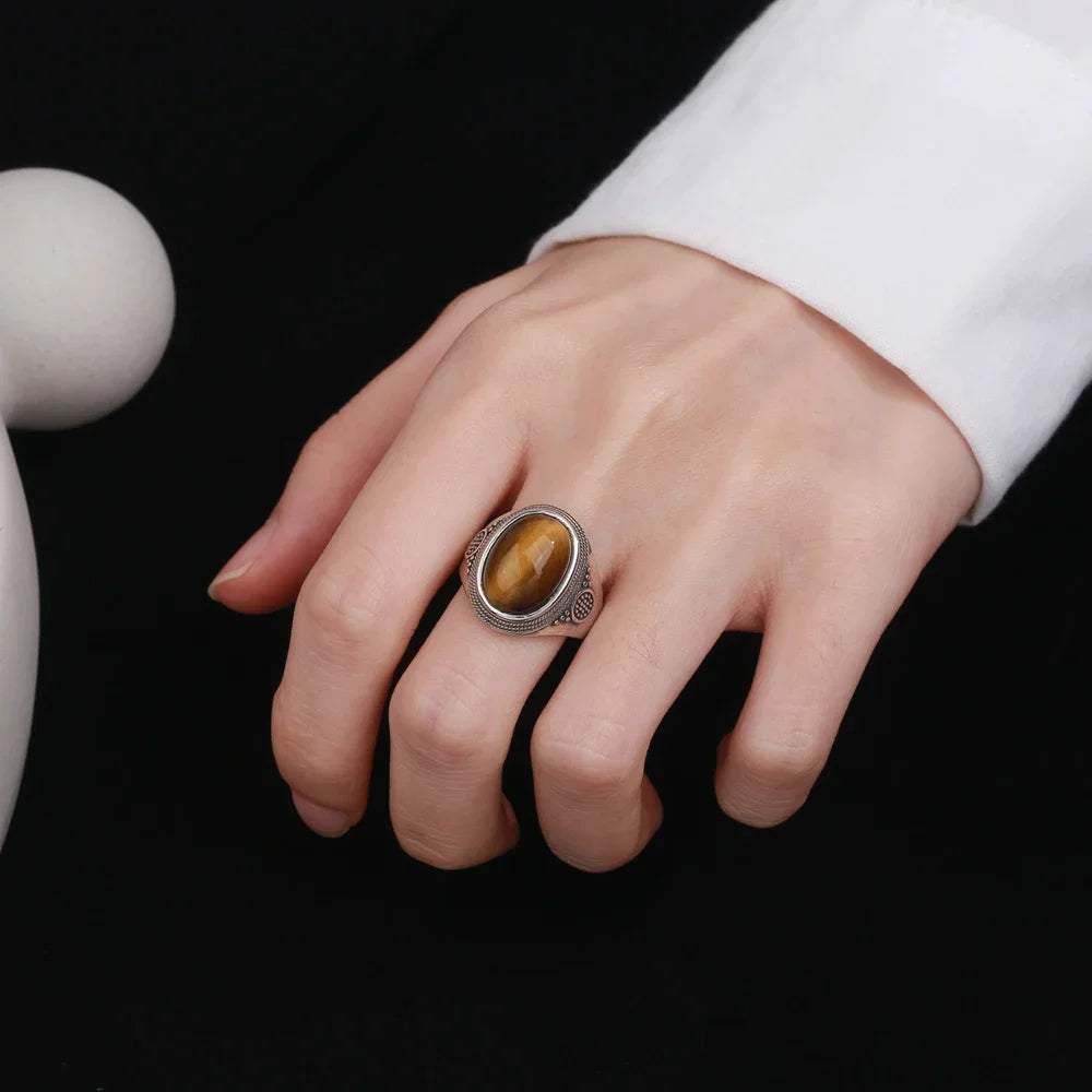 Vintage Natural Labradorite Ring for Women Men 10x14MM Oval Large Tiger Eye S925 Silver Plated Rings Boho Jewelry Gift FCGJHW