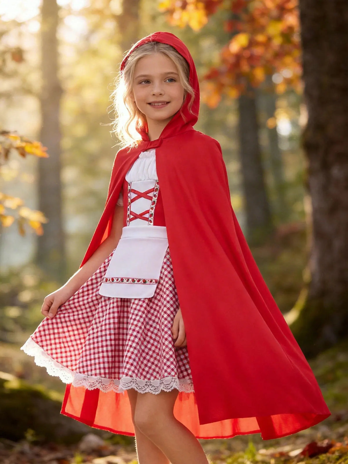 Kids Little Red Riding Hood Costume Girls Halloween Cosplay Outfit Red Hooded Cloak Plaid Lace Strawberry Dress Fairy Tale Fancy