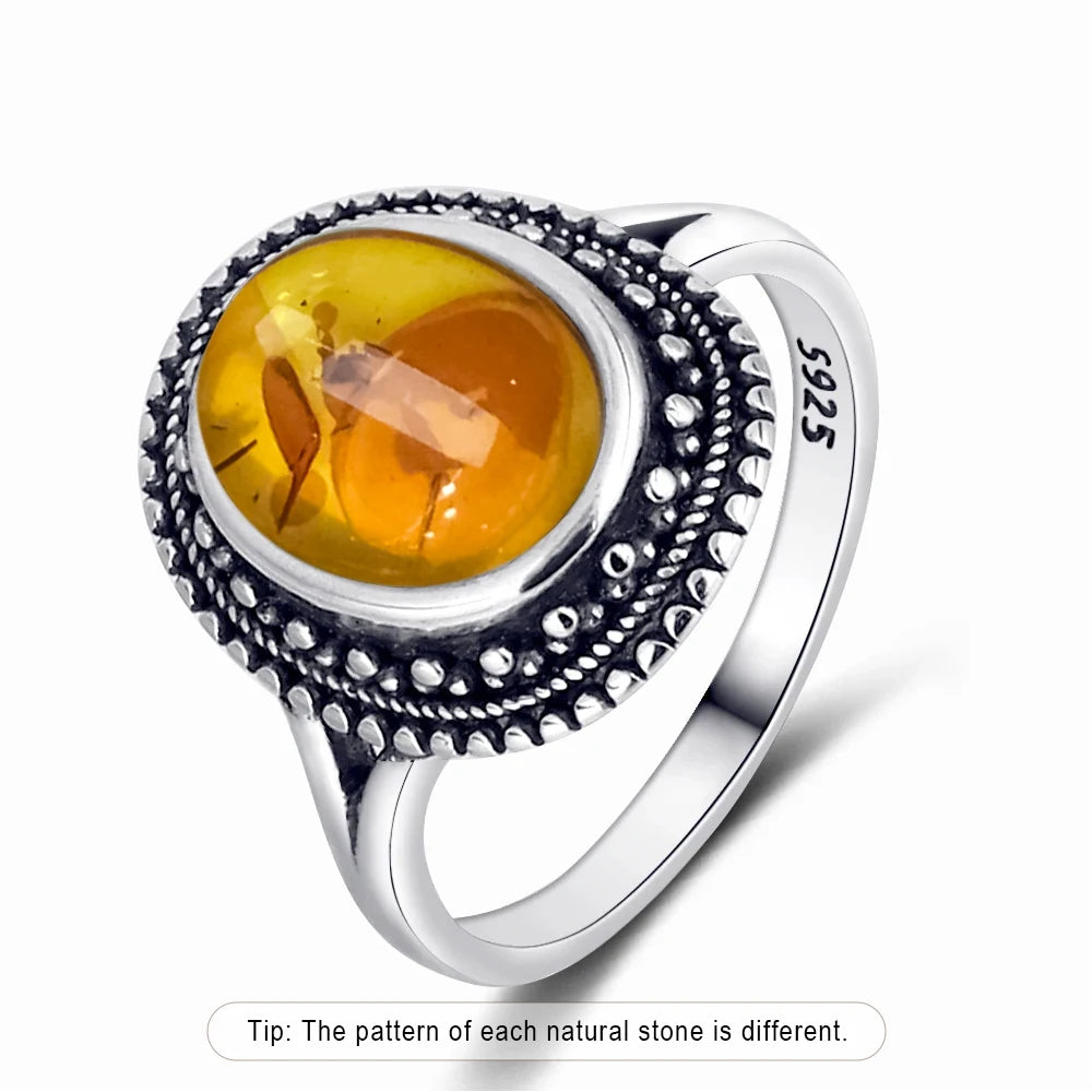 S925 Sterling Silver Ring With Natural Amber Stone Flower Shape Oval Petal Amber Stone Gifts Fine Jewelry For Women