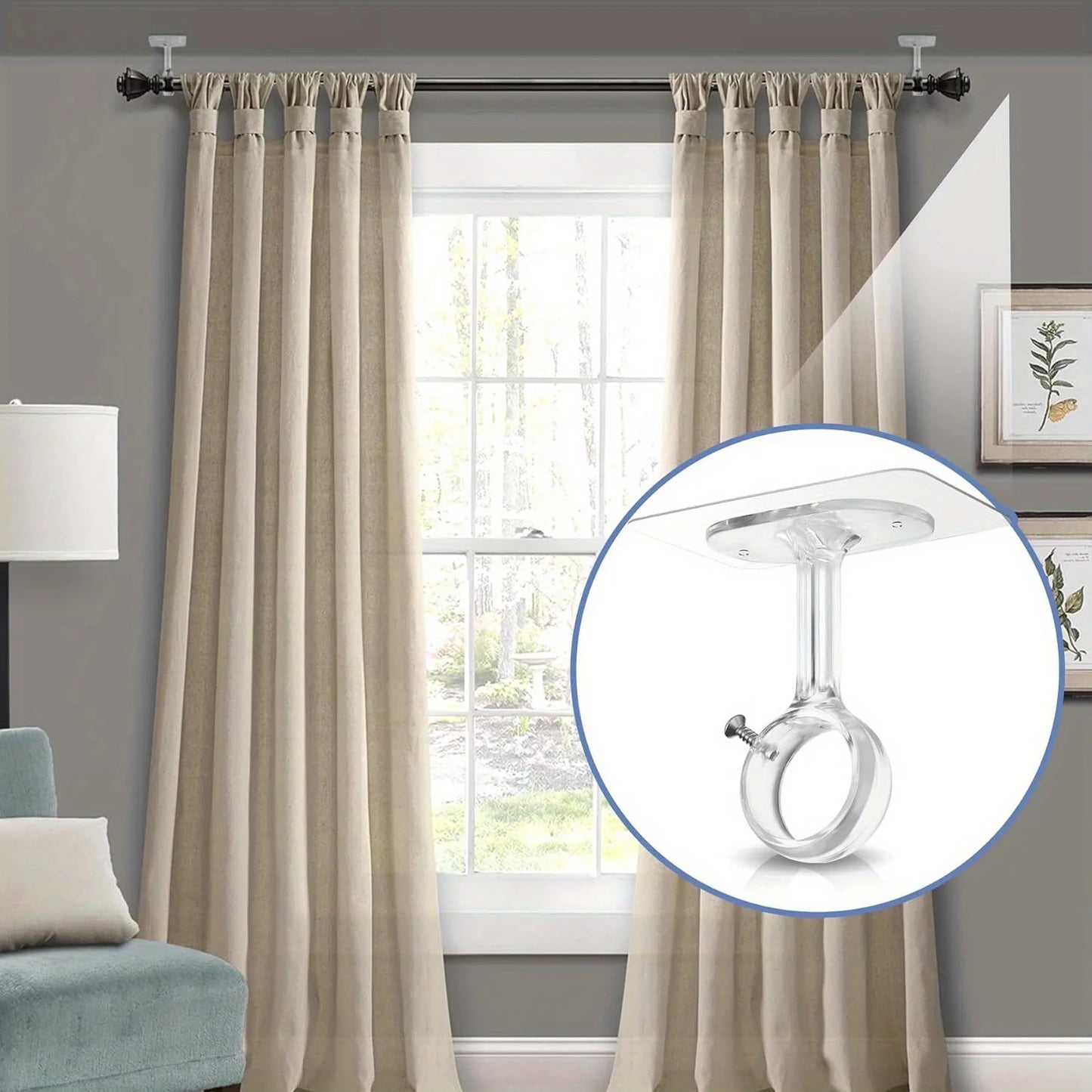 2pcs Heavy-Adhesive Ceiling Curtain Rod Brackets - No Drilling Installation, Adjustable Height, 1.2inch Diameter Rod Holders