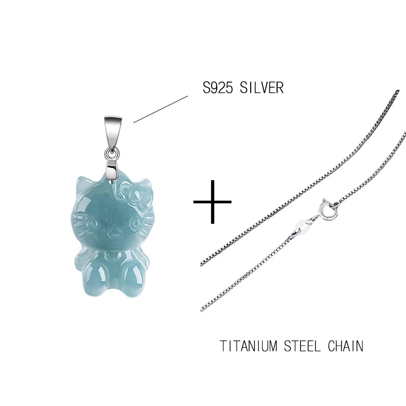 Natural Blue Water Jade Kitty Cat Pendant S925 Silver Clasp Hand Carved Cute Girl Accessory Birthday Gift