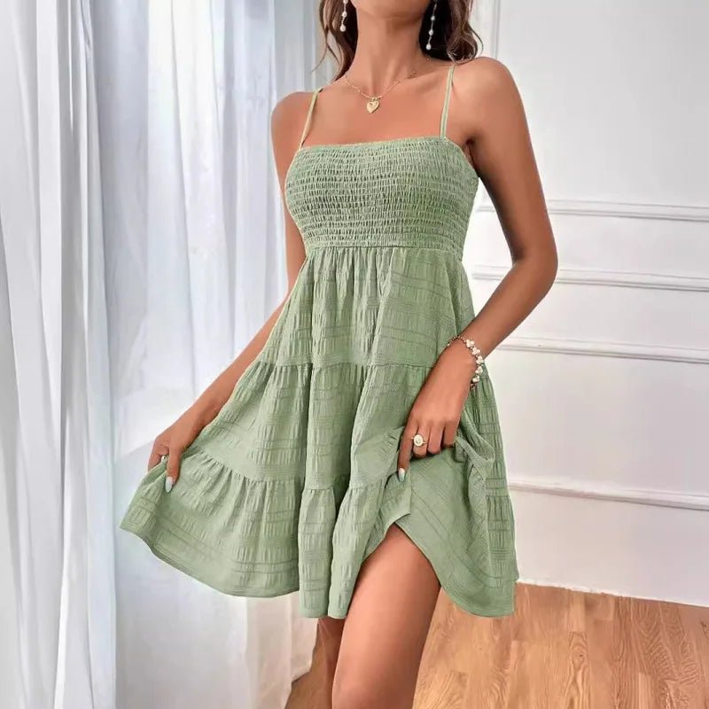 Women's Fashion Spaghetti Strap Smocked Bustier Mini Dress Blue Ruffled Tiered Swing Dress Summer Casual Vacation Beach Wear