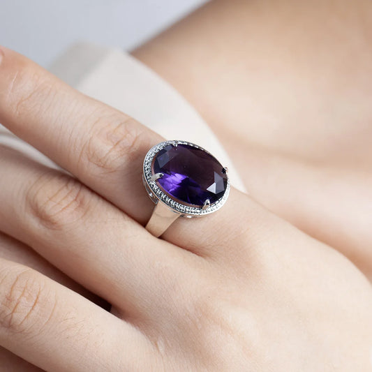 Women's Jewelry S925 Silver Ring Amethyst Ring Exaggerated Egg Shaped Female Ring for Women Wedding Party Gifts