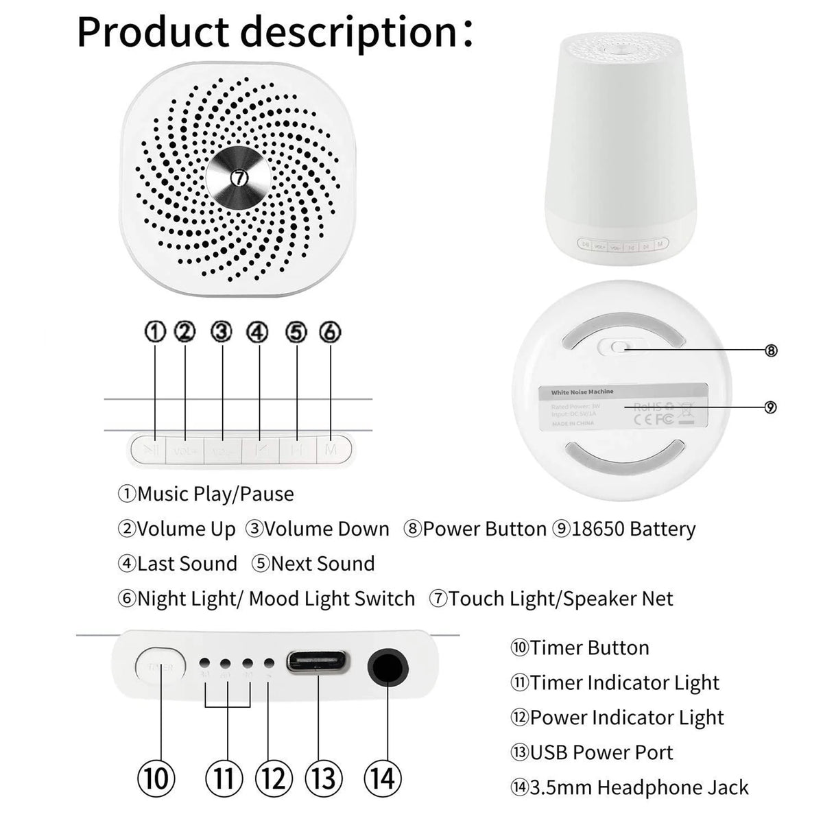 MBZ085 White Noise Machine Baby Sleep Sound Machine Colorful Night Lights 28 Soothing Sounds with 3.5mm Headphone Jack