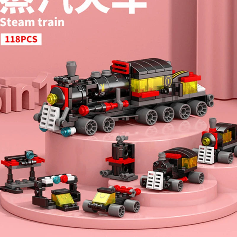 NEW DIY 6in1 Train Track Robot Helicopter Vehicle Building Blocks Kit Girls Bricks Movie Model Toy