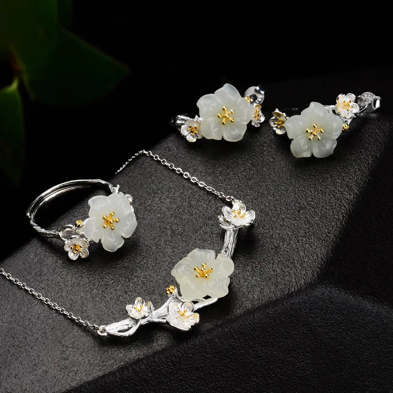 Natural Hotan Jade plum blossom jewelry sets Elegant and luxurious ring earrings for women S925 silver wedding accessories
