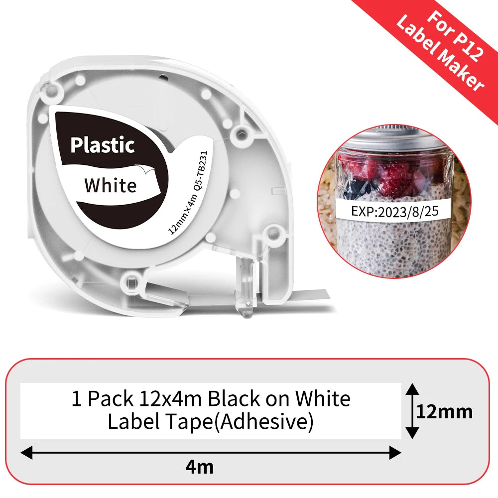 P12 Label Tape Compatible with Dymo LetraTag 200B Refills LT-100H Label Replacement for Phomemo P12 PRO Label Maker 12mm x 4m