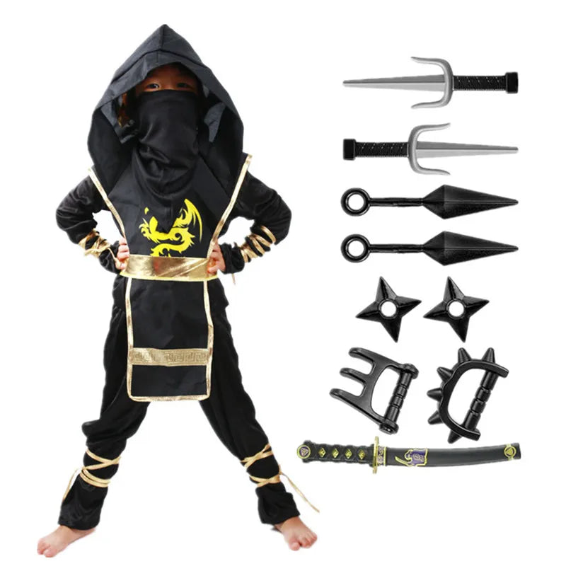 Ninja Samurai Costume Set for Child Halloween Cosplay with Sword Accessories Japanese Warrior Outfit New Year Performance Party