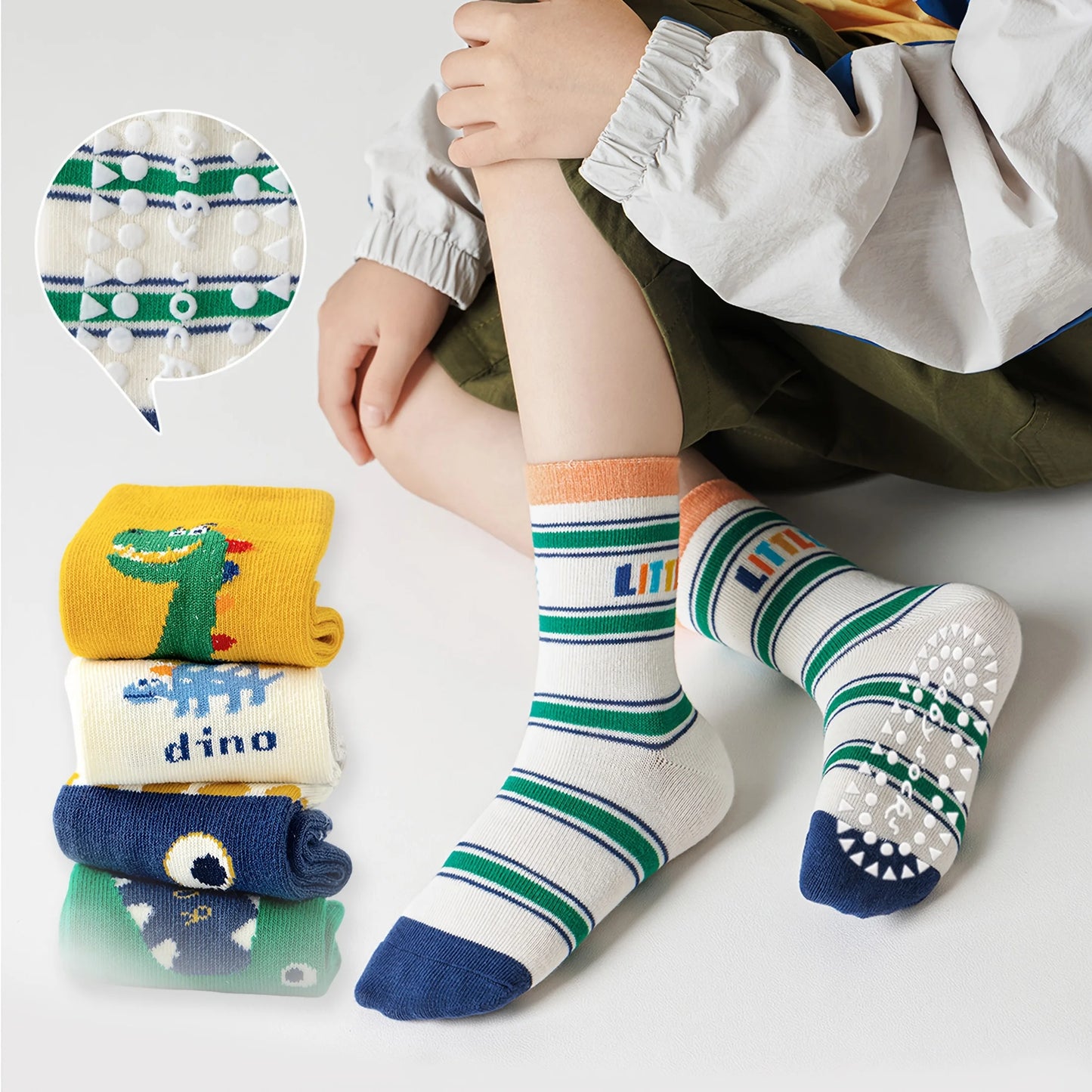 5 Pairs of Children's Floor Socks with Letter Stripes, Cartoon Big-Eyed Dinosaur Pattern, Boys and Girls Baby Toddler Soft-Soled Indoor Non-Slip Mid-Calf Socks, Suitable for Casual Daily Life