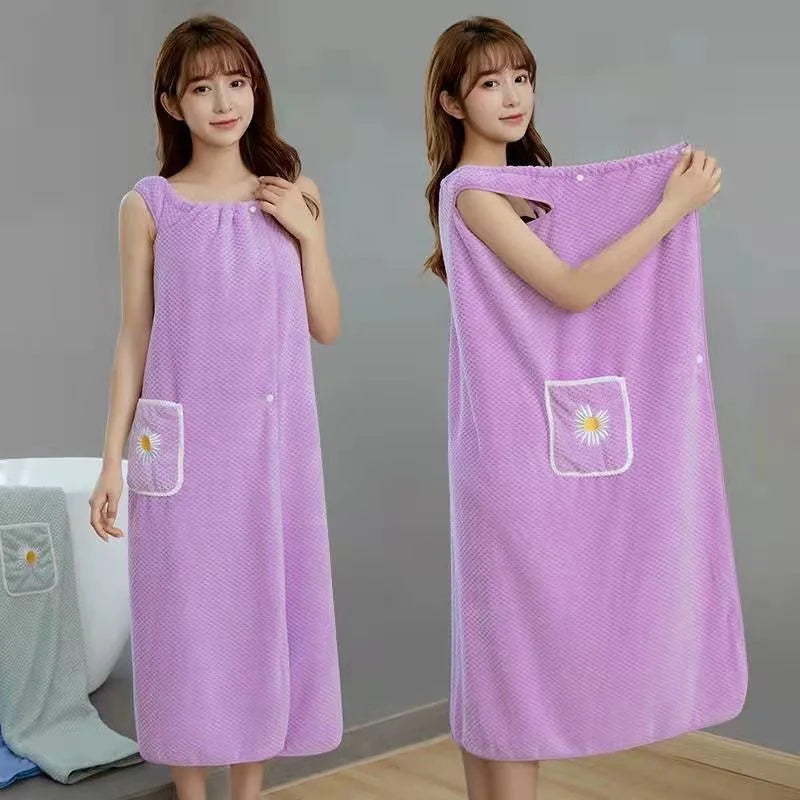 Women Wearable Bath Wrap Towel Absorbent Polyester Long Washable Bathroom Bathrobe