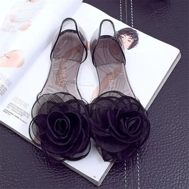 No Heel Beach Transparent Summer 2025 Jelly Sandals for Women Footwear Outdoor Bow Ladies Shoes Flat Rubber Crystal F Shoe Korea
