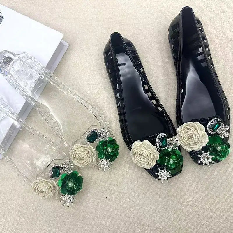 Super popular transparent jelly shoes crystal lazy shoes retro holey shoes shallow toe DIY square-toe fashionable women's shoes