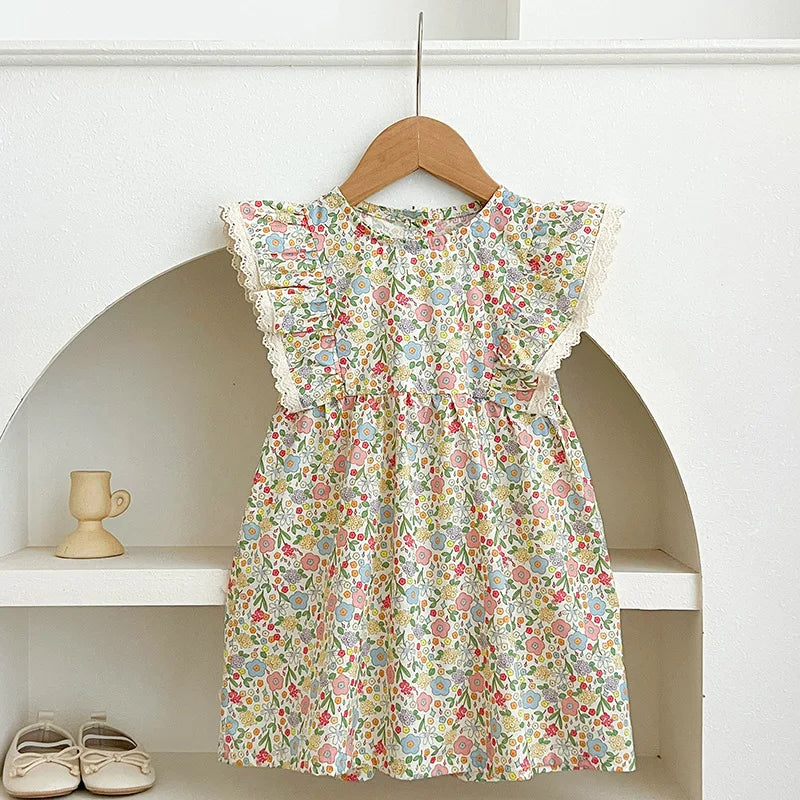 Girls Dress 2026 Spring and Summer New Childrens Clothes Girls Baby Fashionable Floral Flying Sleeve Princess Dress Simple