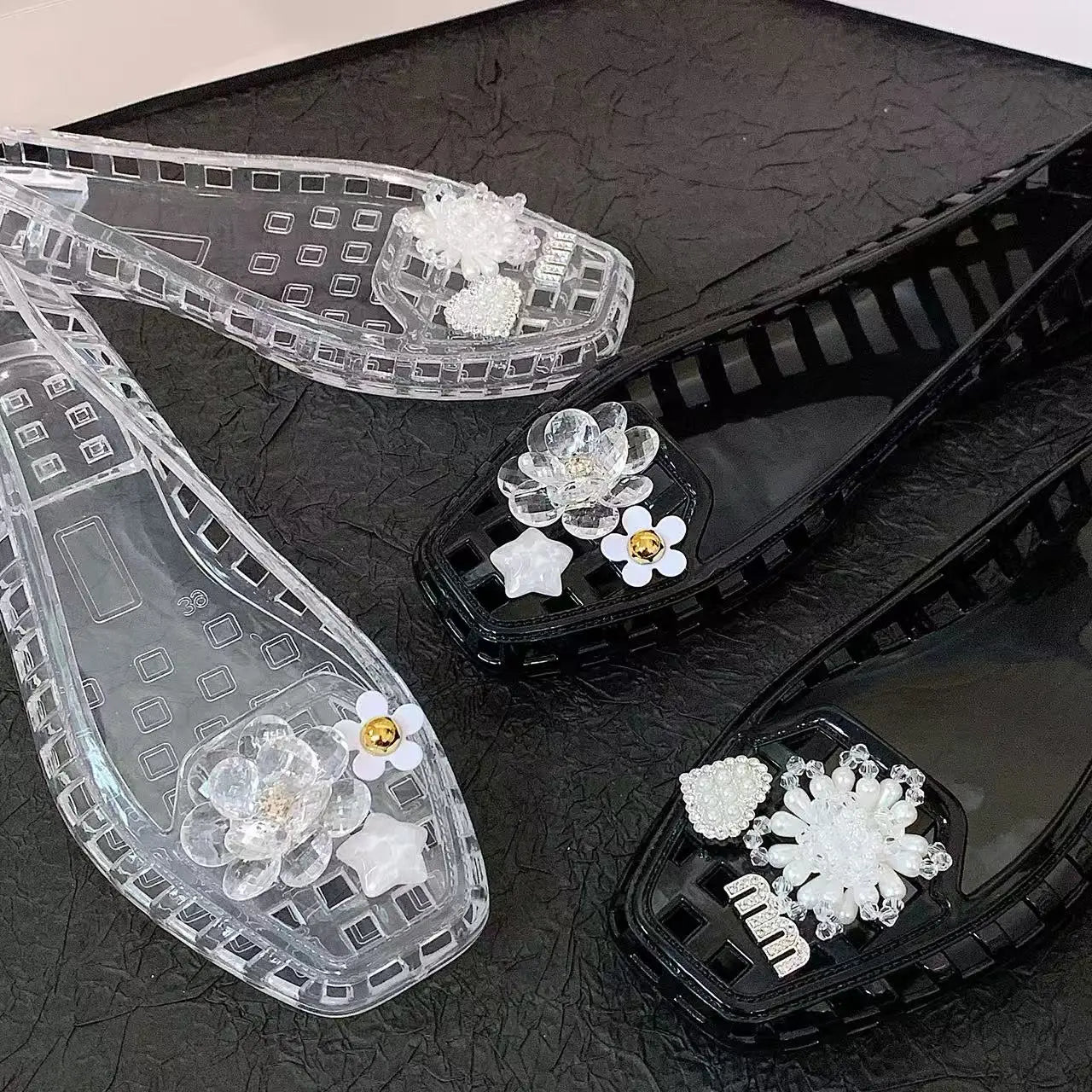 Women's Jelly Crystal Slippers, Square-Toe Women's Shoes, Crystal Flower Set Accessories, Crystal Clogs, Sandals, Jelly Shoes, Slip-On Slippers