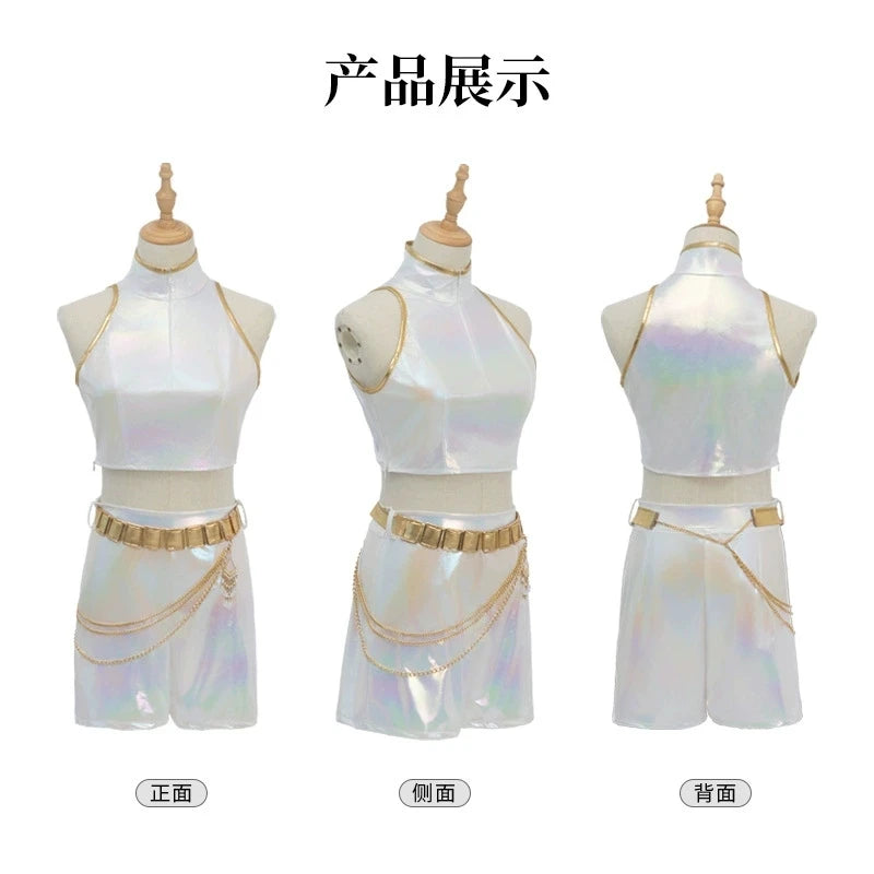 Cosplay Costume PU Leather White Singing Suit Women Halloween Carnival Party Outfit Girls Wig