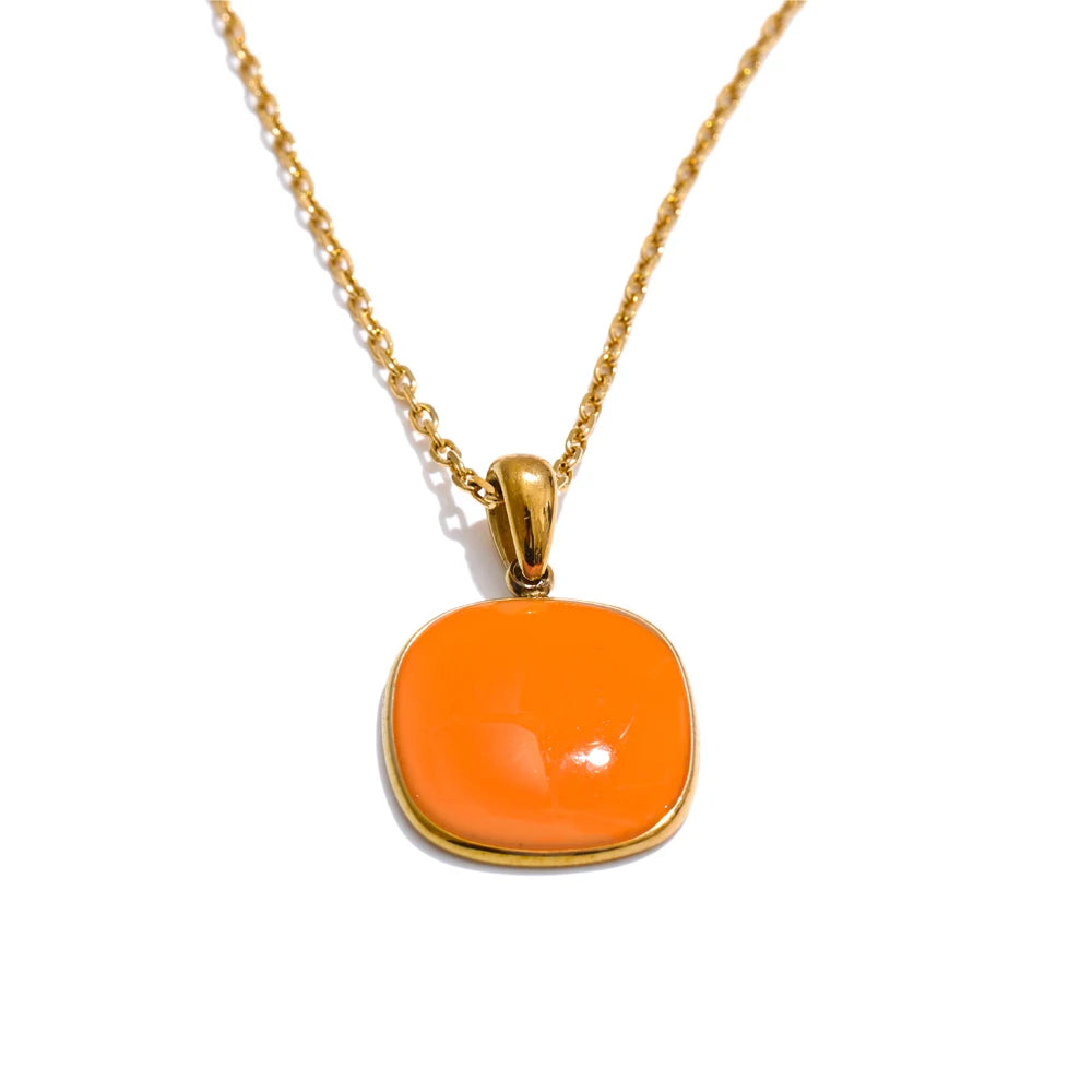 Yhpup Candy Color Sweet Square Pendant Necklace Stainless Steel Gold Color PVD Plated Basic Fashion Jewelry for Women for Girl