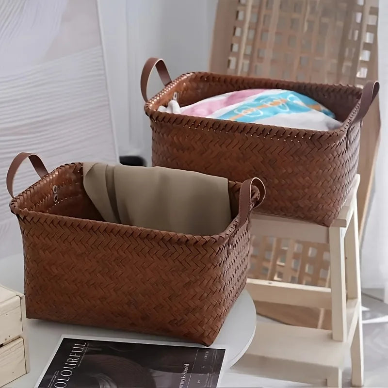 2pcs Handwoven Plastic Storage Baskets with Leather Handles-Durable, Stackable Organizer for Kitchen, Bathroom, Bedroom & Dorm