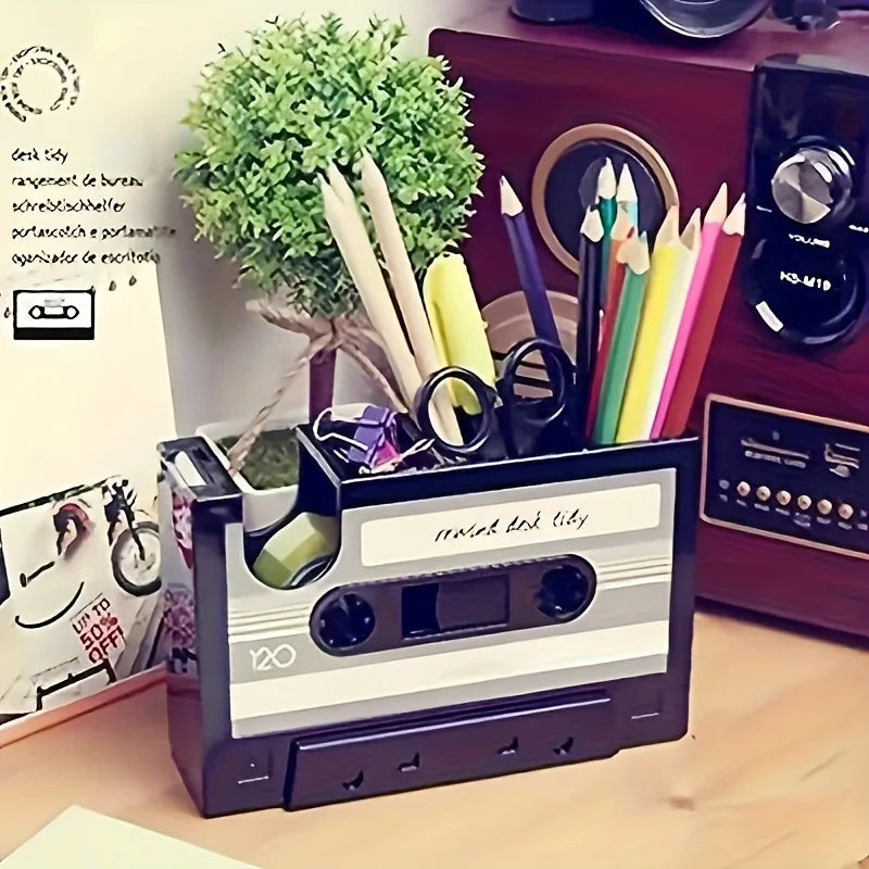 Creative Retro Tape Shaped Office Storage Box, Made of Black ABS Material, Desktop Storage Pen Holder, Tape Holder, Cutter