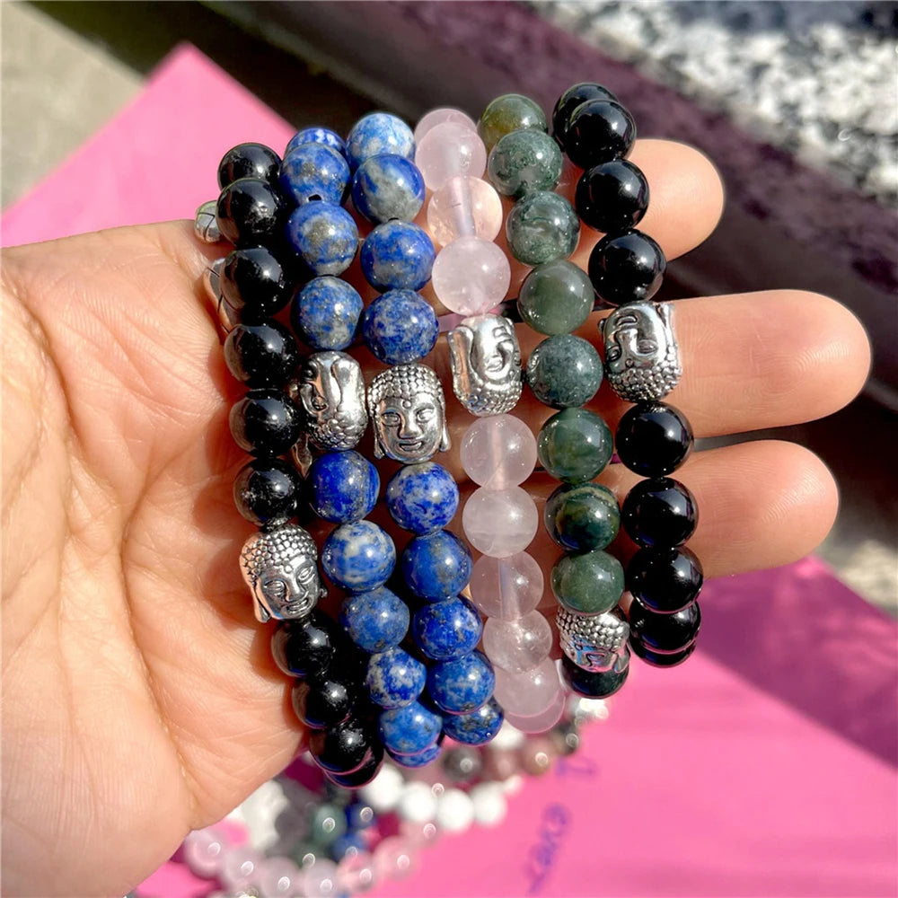 SANSHI Natural Stone Beads Bracelet For Women Men Amethysts Crystals Jewelry Agates Elastic Bangle Bracelets Gift