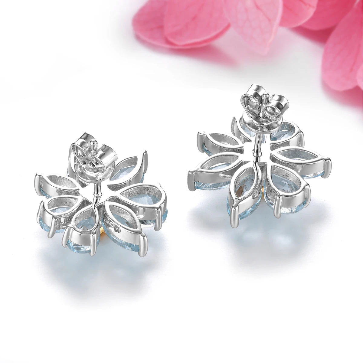 Natural Sky Blue Topaz Sterling Silver Earring 7.8 Carats Genuine Gemstone Citrine Flower Design Spring New Design S925
