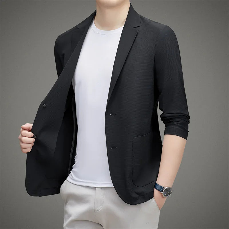 Minimalist Men Casual Blazer Ice Silk Nylon Spandex Seamless High Stretch Sun Protection Cooling Summer Breathable Tech Jacket