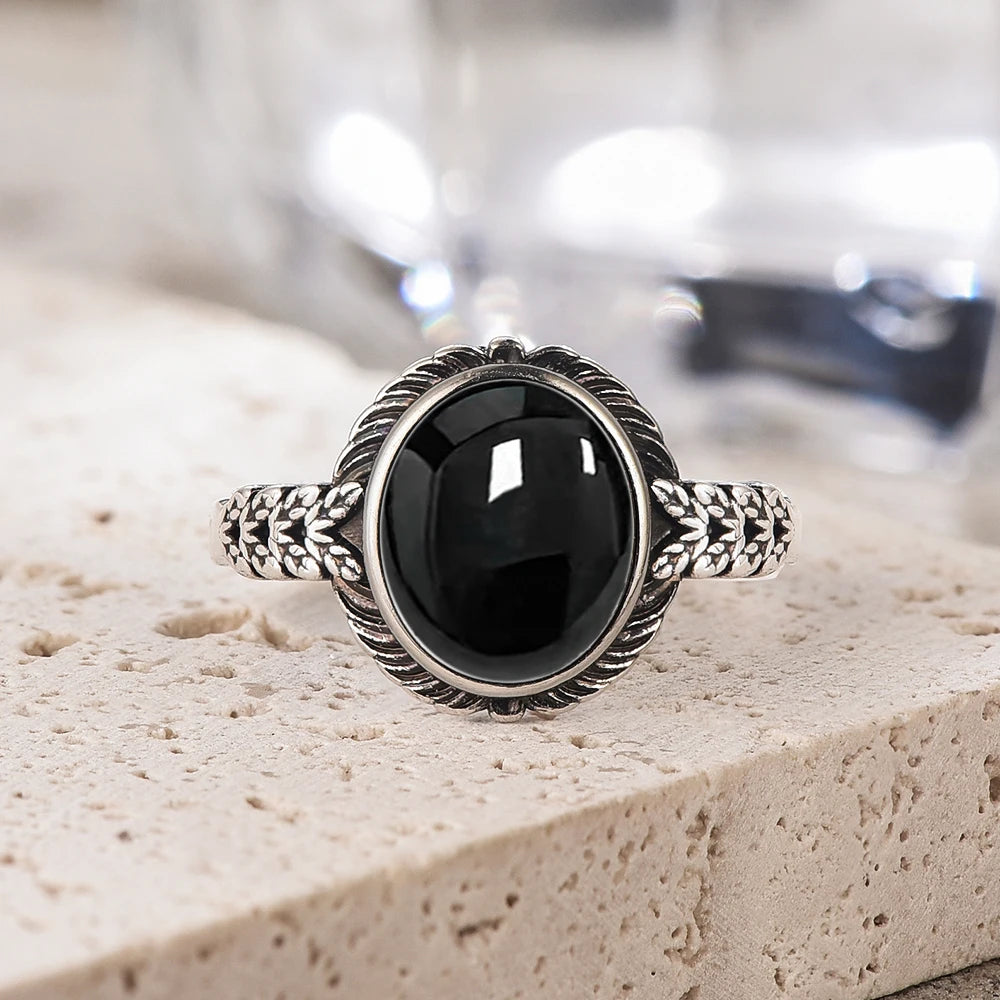 Vintage S925 Sterling Silver Natural Blakc Onyx Ring Oval 8*10MM Simple Black Twists Ring Party Gifts Fine Jewelry For Women Men